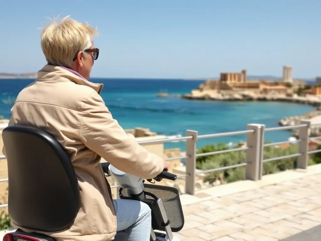A traveler riding a mobility scooter through the ancient city of Caesarea, with the Mediterranean Sea visible in the background, highlighting the freedom of movement.
