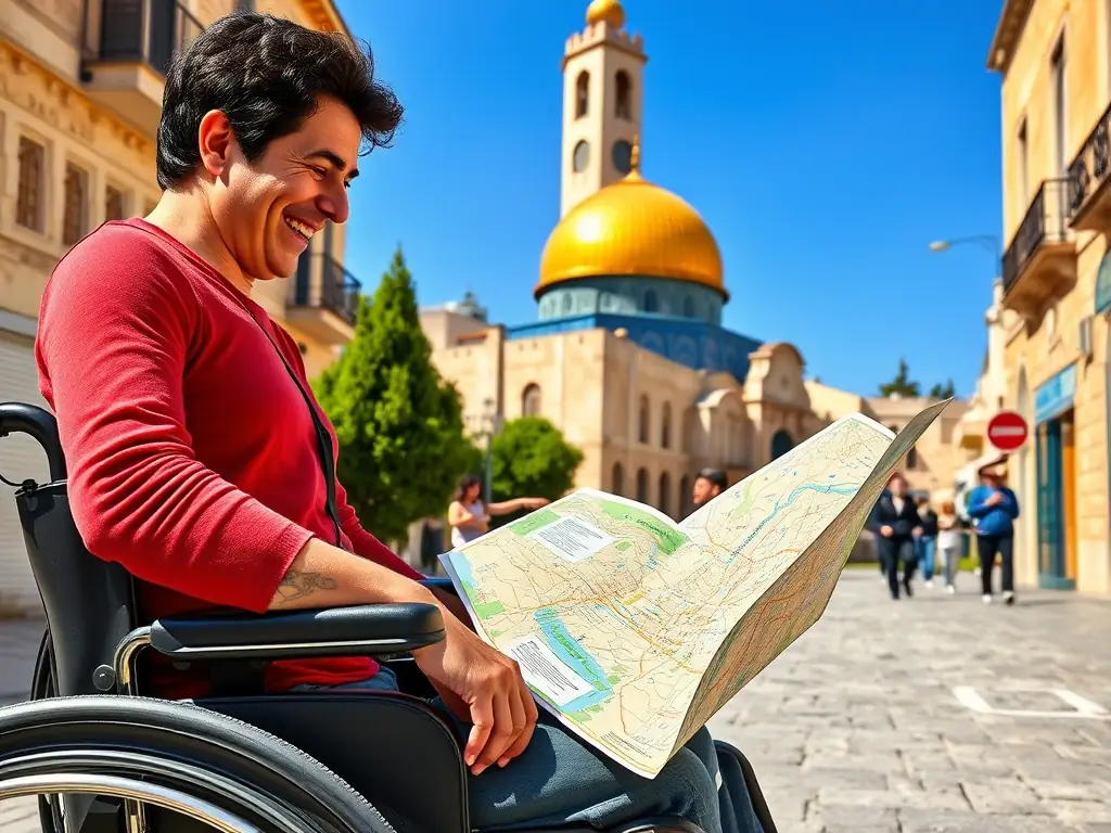 A person in a wheelchair smiles as they look at a map of Jerusalem with a tour guide. The scene is bright and sunny, showcasing the accessible streets.
