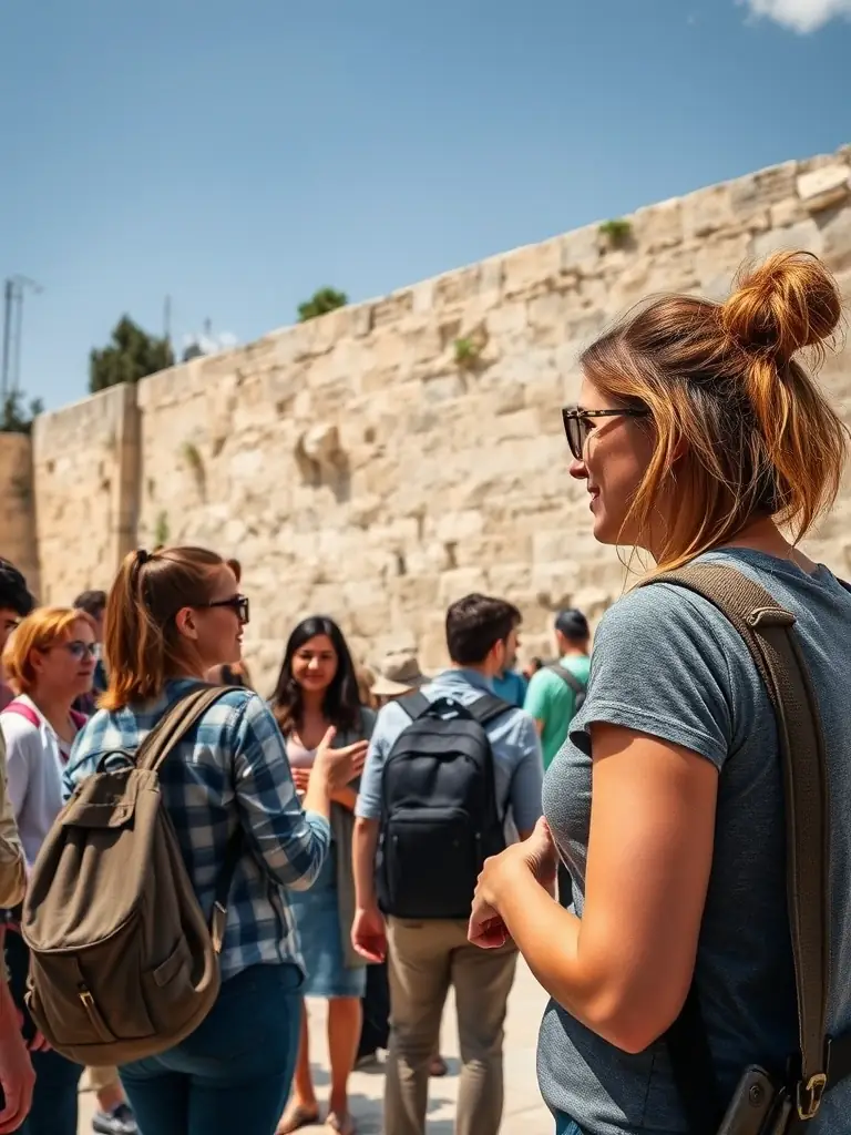 A photograph of a tour guide using sign language to communicate with a group of deaf or hard-of-hearing travelers at a historical site in Israel.