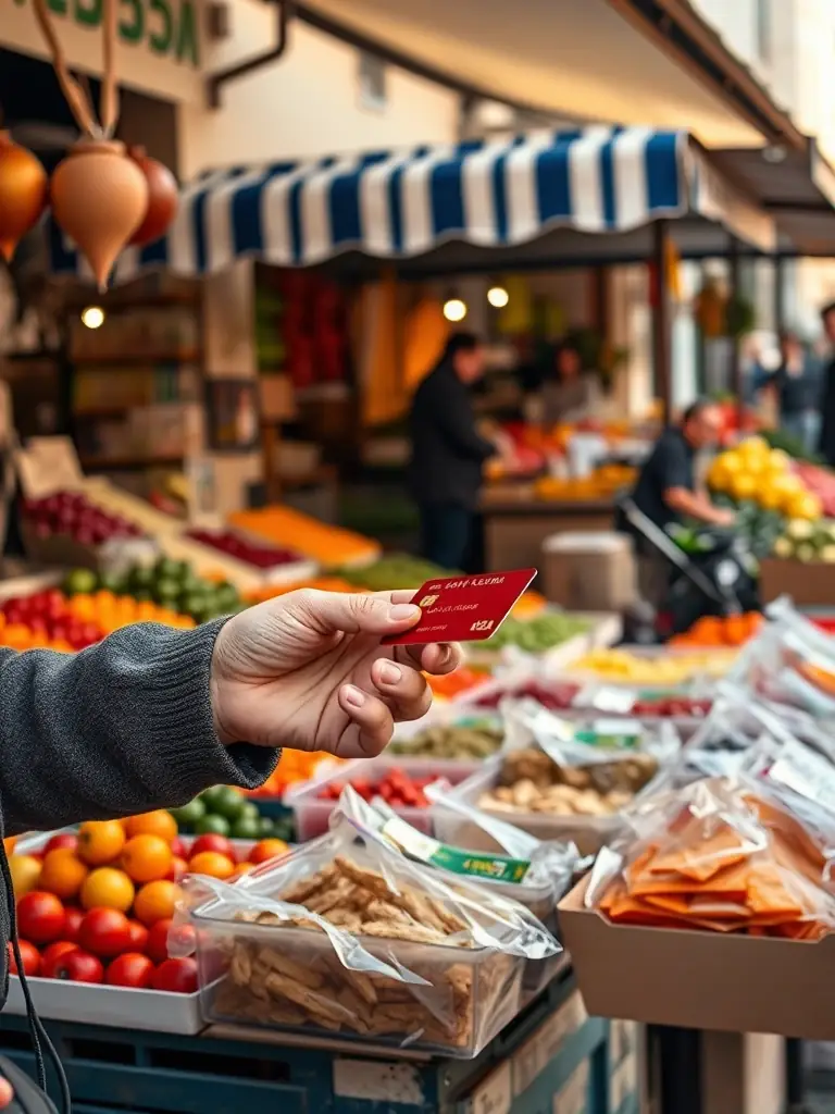 A person using a credit card to pay at a market stall in Jerusalem, illustrating the ease of using credit cards in Israel.