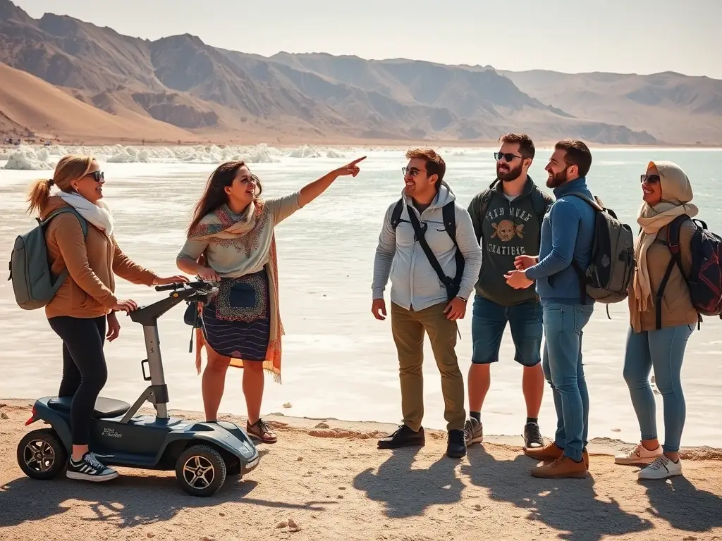 A group of diverse travelers, including someone using a mobility scooter, enjoys a guided tour of the Dead Sea. They are laughing and having a great time.