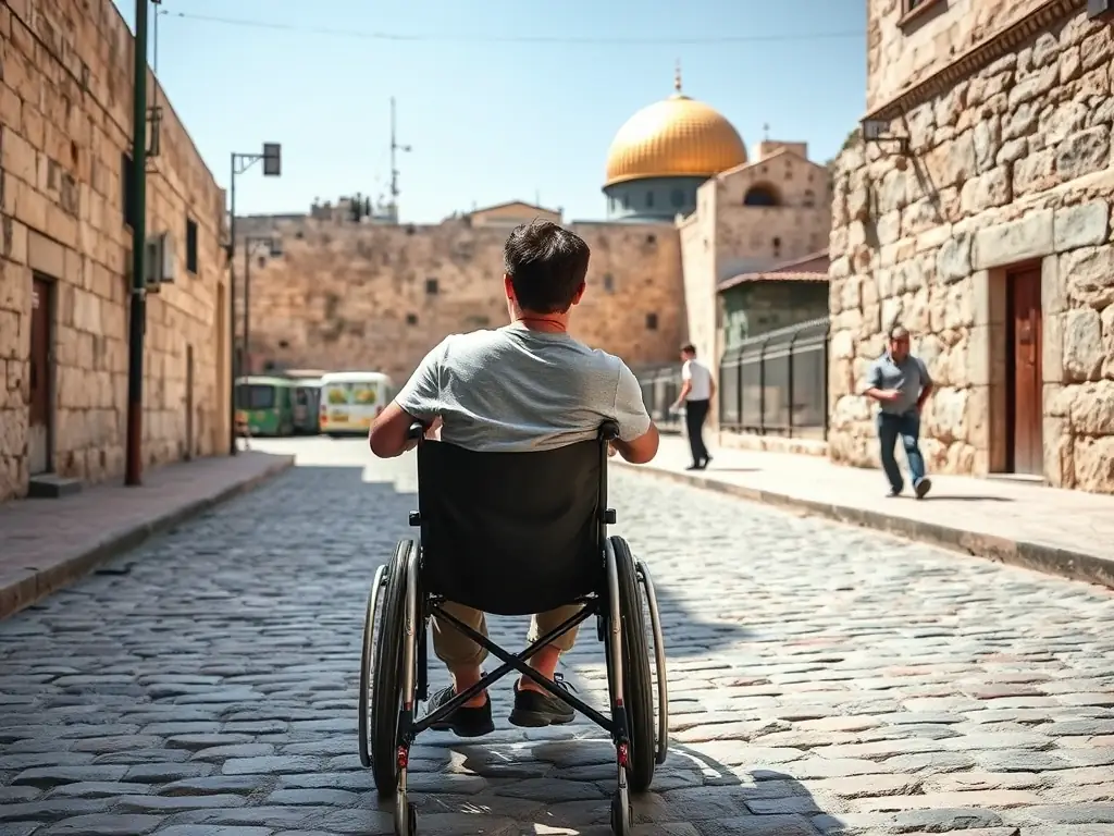 A person using a manual wheelchair on a cobblestone street in Jerusalem, with the Western Wall in the background, showcasing accessibility during travel.