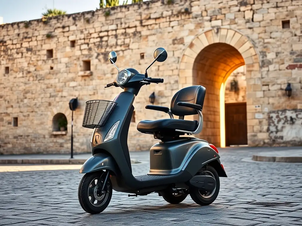 A clear image of a mobility scooter parked in front of a historical site in Jerusalem, showcasing its suitability for navigating ancient streets.