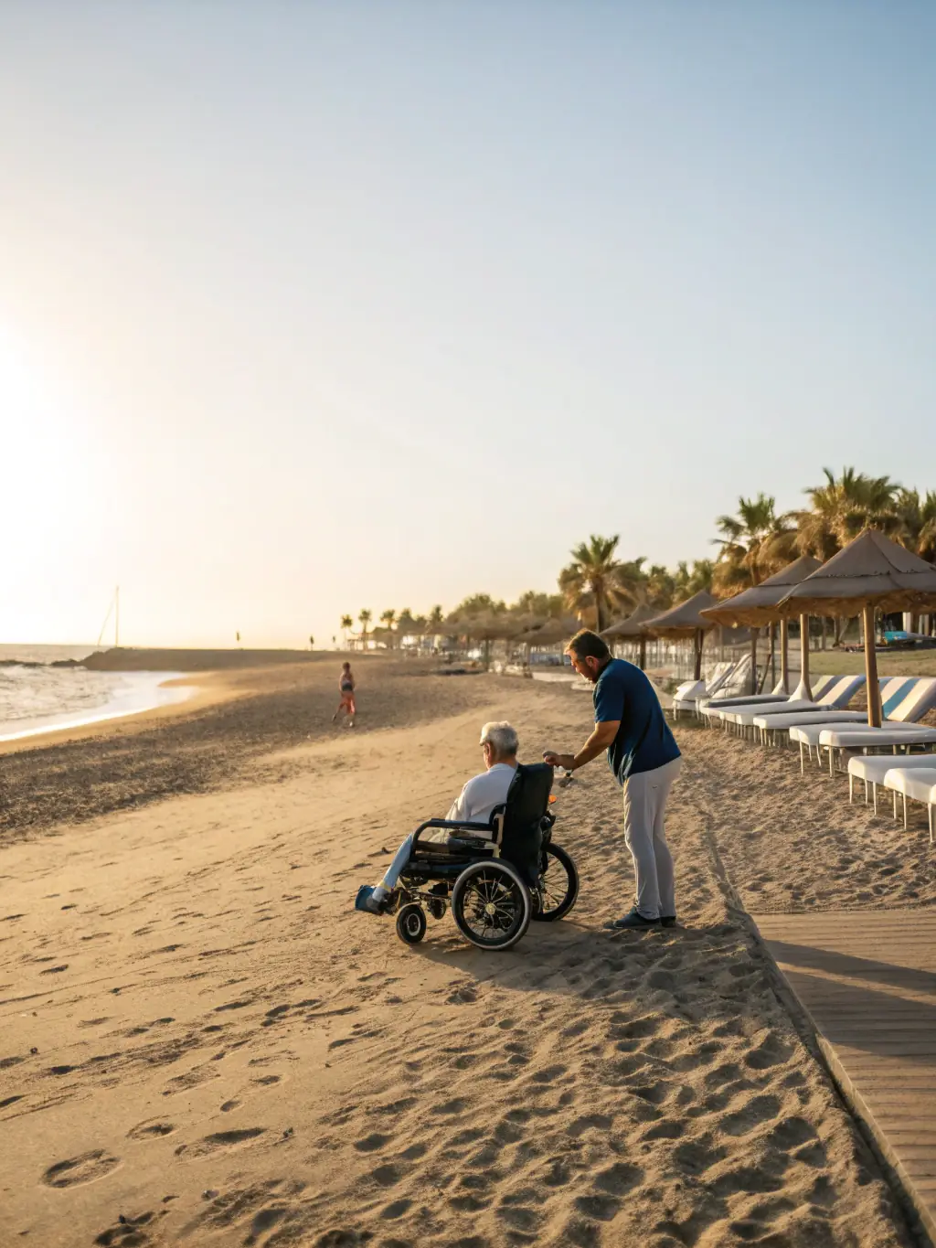 A clear, bright photograph of a wheelchair user enjoying the beach in Tel Aviv, with accessible ramps and boardwalks visible in the background. The image should convey a sense of freedom and inclusion.