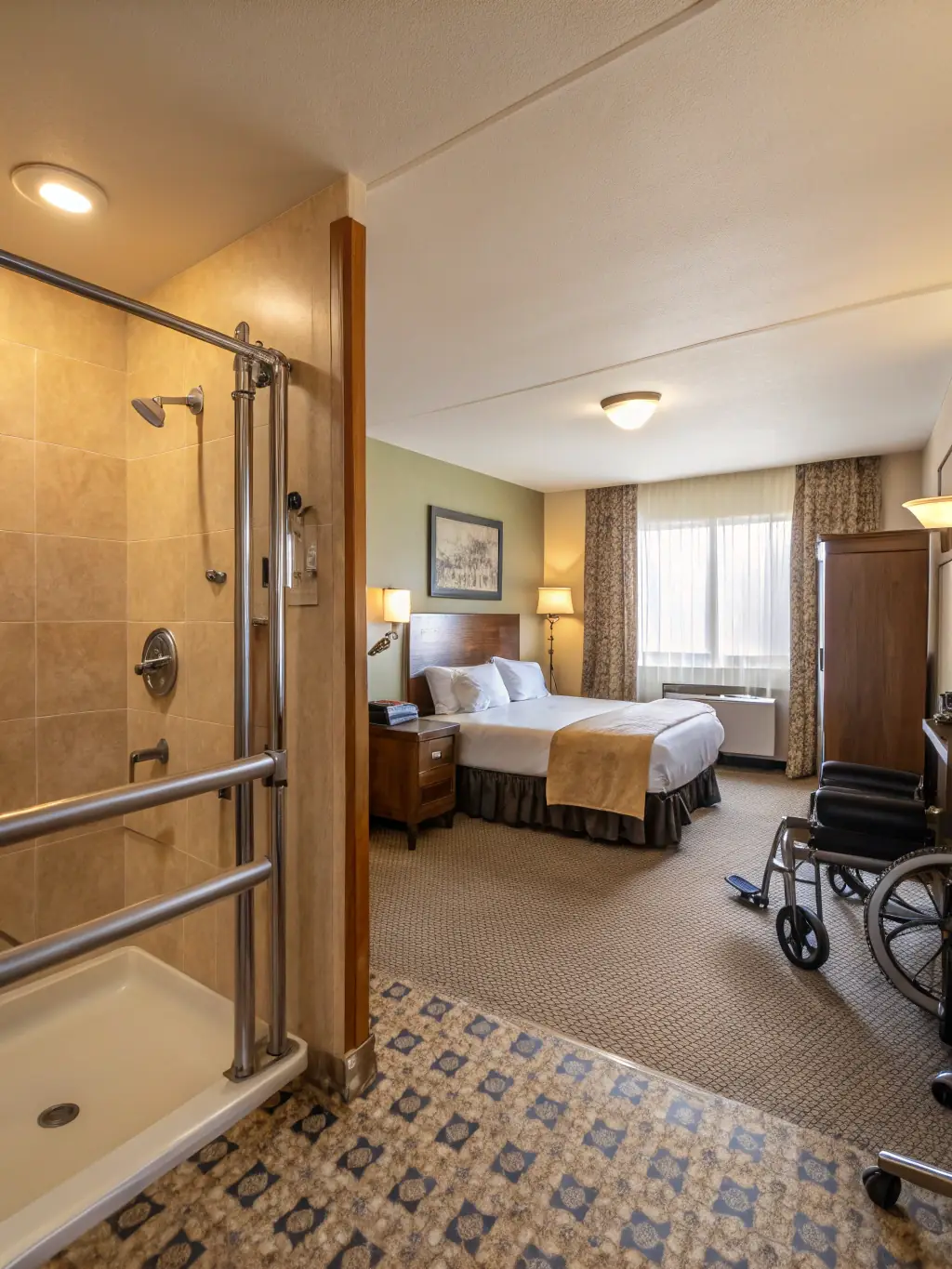 A photograph of a hotel room in Jerusalem that is fully accessible, featuring wide doorways, grab bars in the bathroom, and adjustable beds.