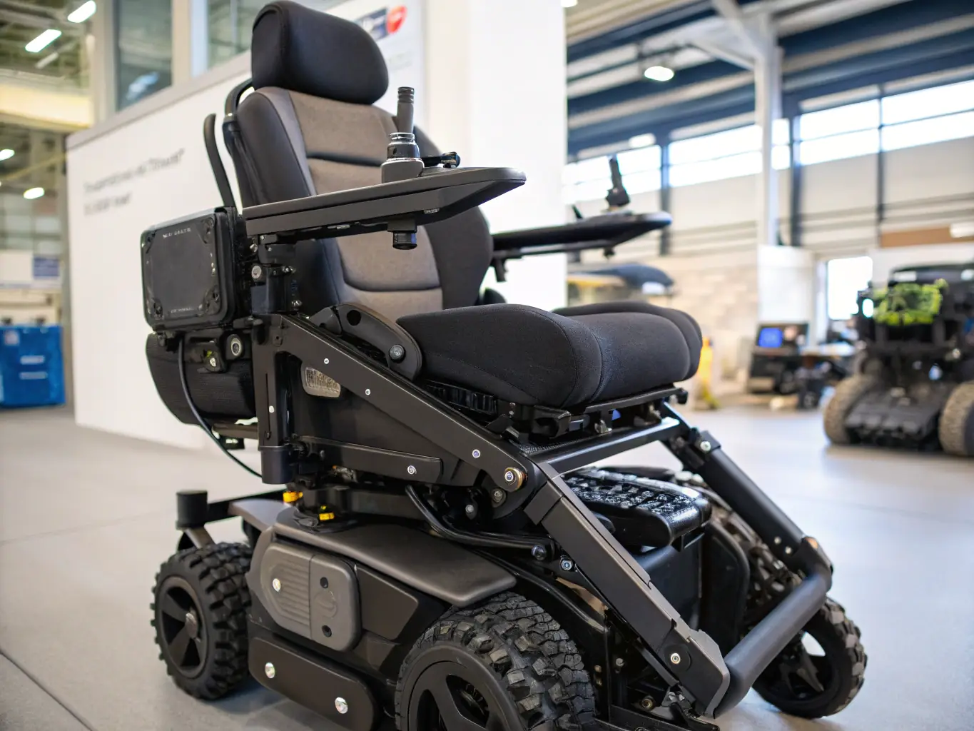 A close-up shot of a foldable electric wheelchair, highlighting its compact design and ease of transport, set against a blurred background of a hotel lobby to indicate delivery location.