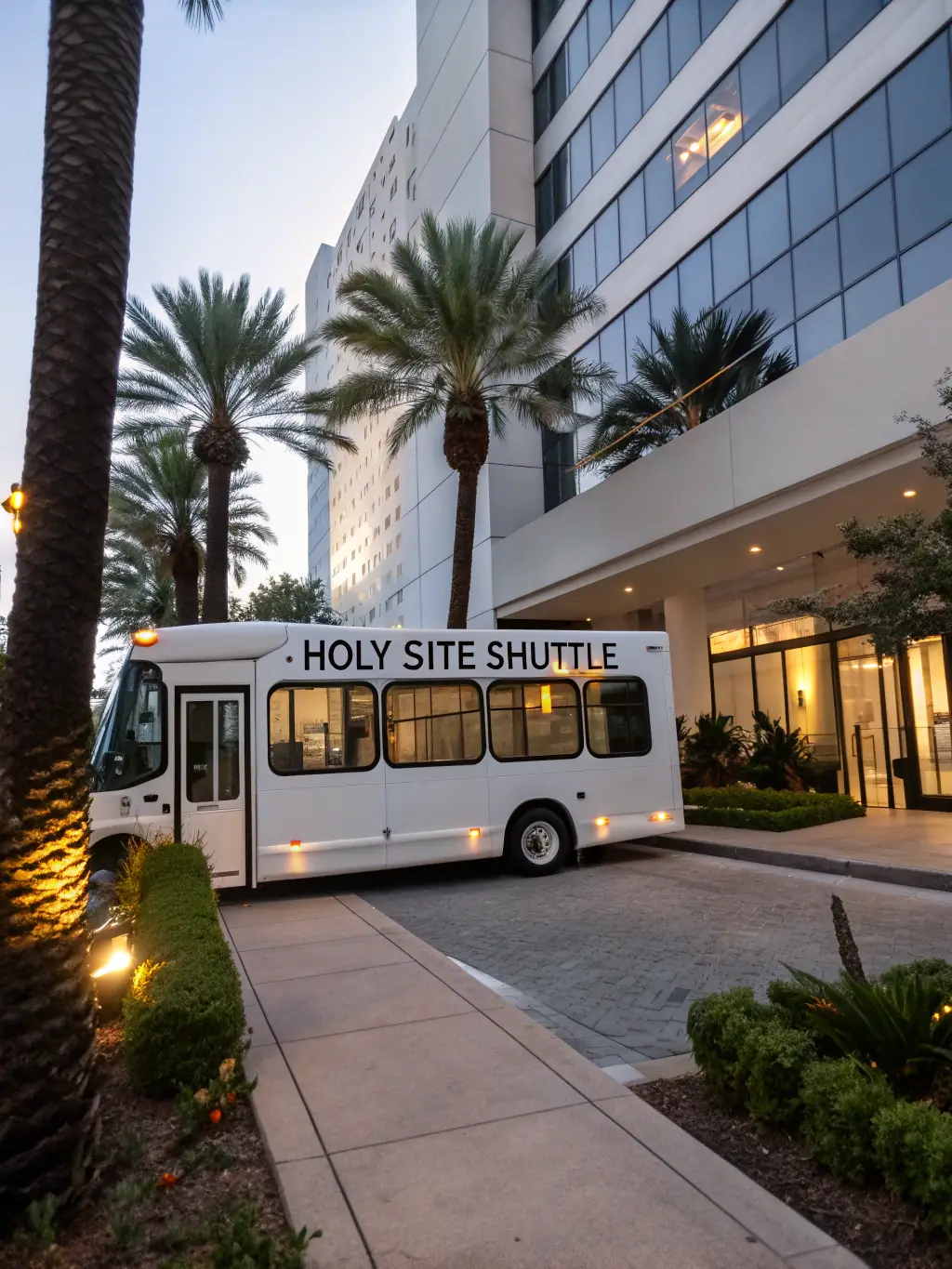 A clear photograph of a wheelchair-accessible tour bus with a ramp extended, ready for passengers to board. The bus is parked in front of a recognizable Israeli landmark.