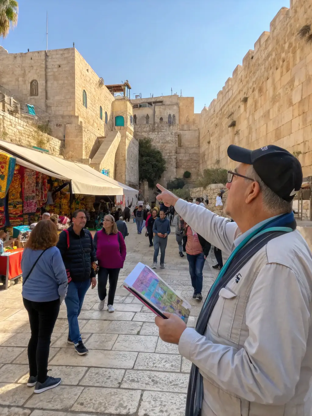 A friendly tour guide assisting a visually impaired traveler at the Western Wall in Jerusalem. The guide is pointing out historical features, and the traveler is listening attentively.