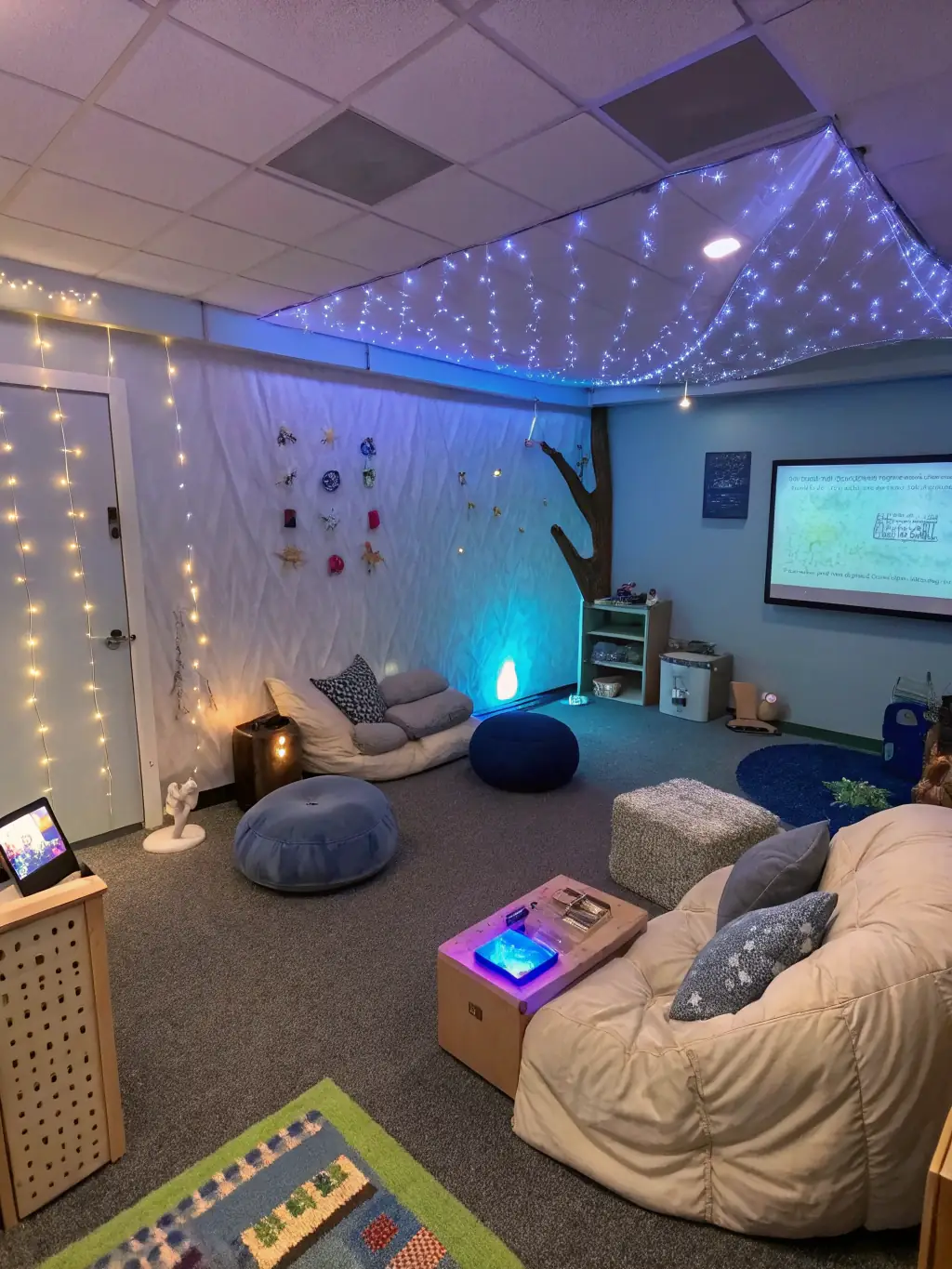 A serene image of a sensory-friendly space designed for travelers with autism or sensory sensitivities, featuring calming colors and soft lighting.