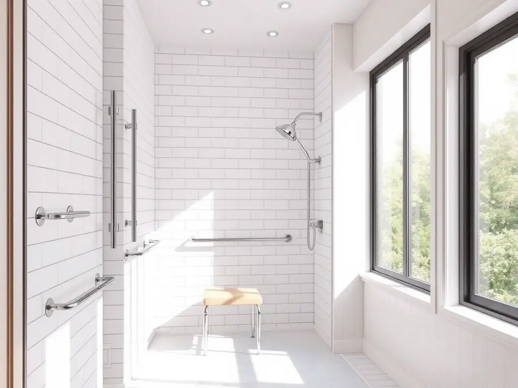 A bathroom equipped with a shower chair and toilet riser, demonstrating the availability of assistive devices for enhanced comfort and safety.
