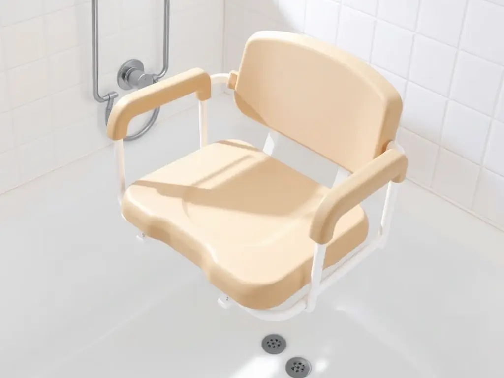 A supportive shower chair with adjustable height settings in a modern bathroom, emphasizing safety and comfort for users with mobility challenges.