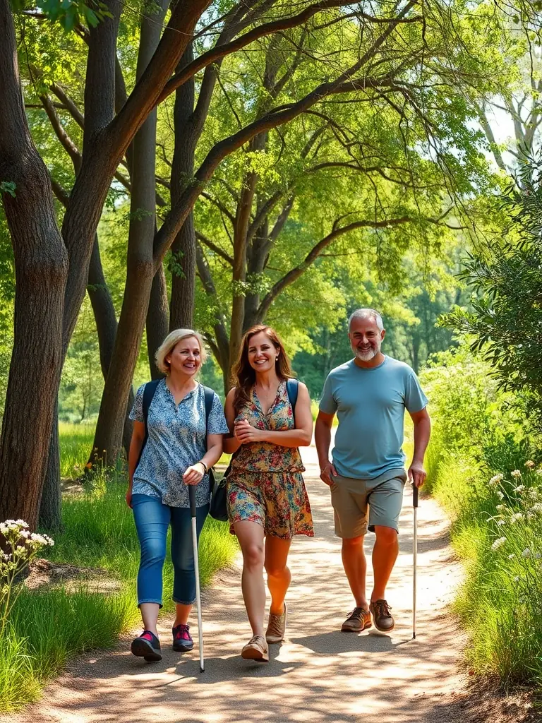 A group of visually impaired travelers walking at a comfortable pace through a scenic nature reserve in Israel, enjoying the sounds and smells of the environment.