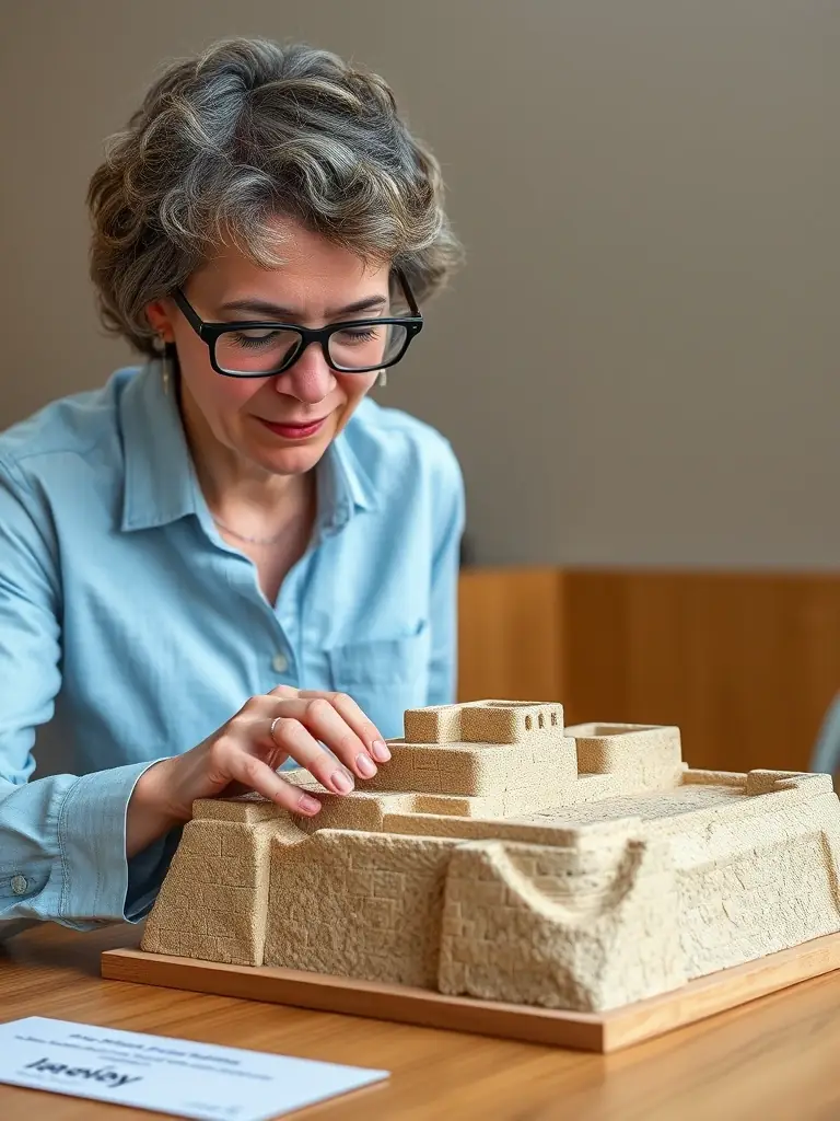 A visually impaired traveler touching and feeling a detailed model of a historical site in Israel, while the guide provides a verbal description.