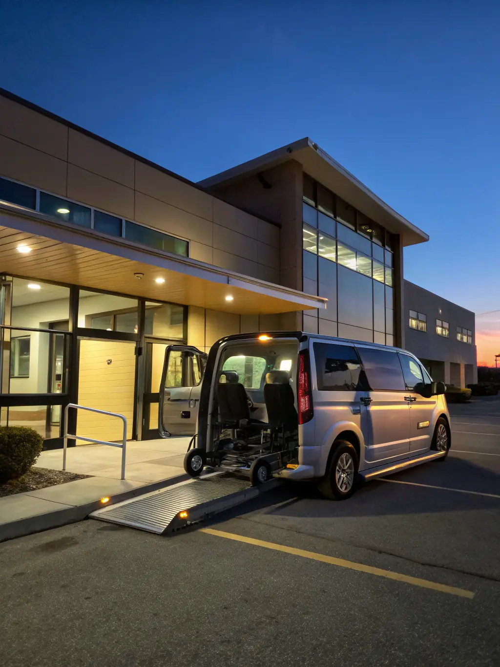 A modern, accessible van equipped with comfortable seating and assistive devices, transporting visually impaired travelers to their next destination in Israel.